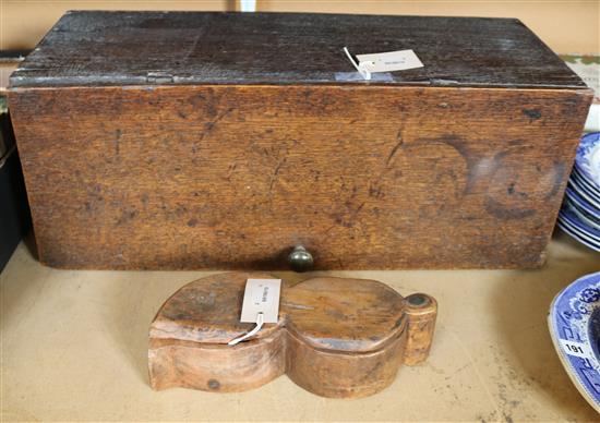 Antique oak rectangular box with front flap opening & an African shaped hardwood box with swivel top